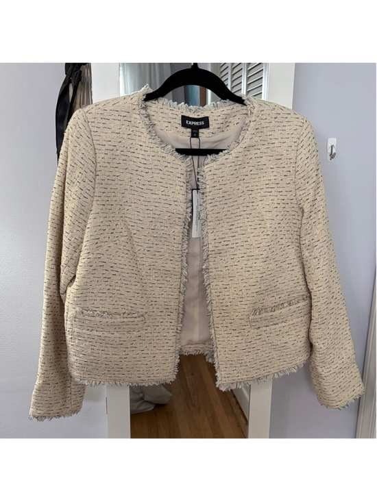 Express Jackets & Blazers - Express Neutral Cream Tweed Fringe Open-Front Blazer